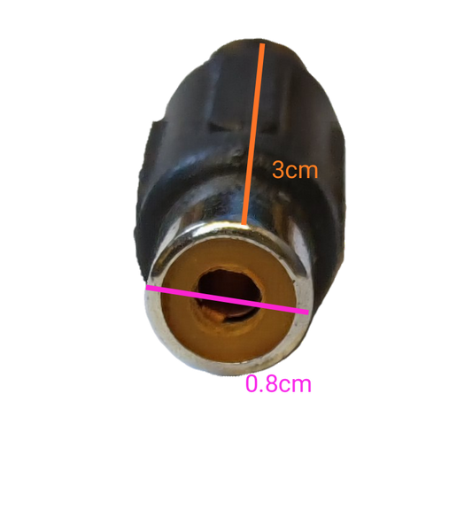 Close-up of a female to female RCA connector showing dimensions of 3cm and 0.8cm