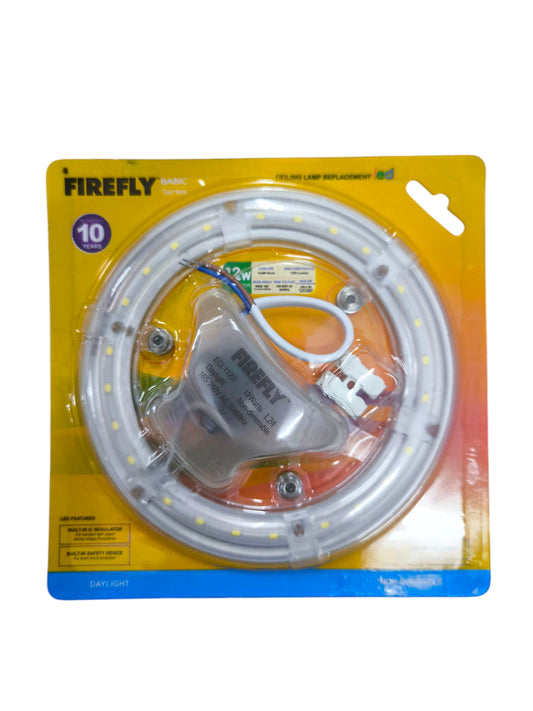 Firefly 12W LED ceiling lamp in clear circular design with wiring and mounting accessories in yellow packaging