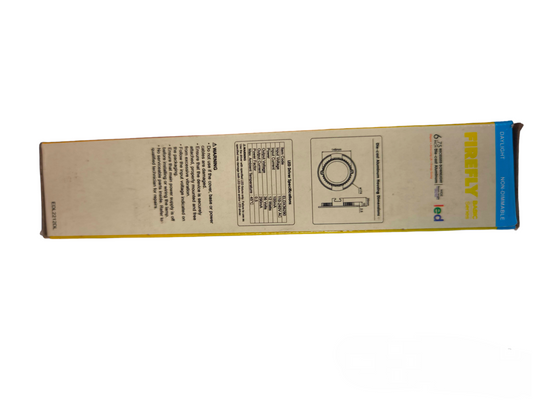 Firefly 12W LED Downlight 220V Daylight packaging box with product specifications and installation diagram