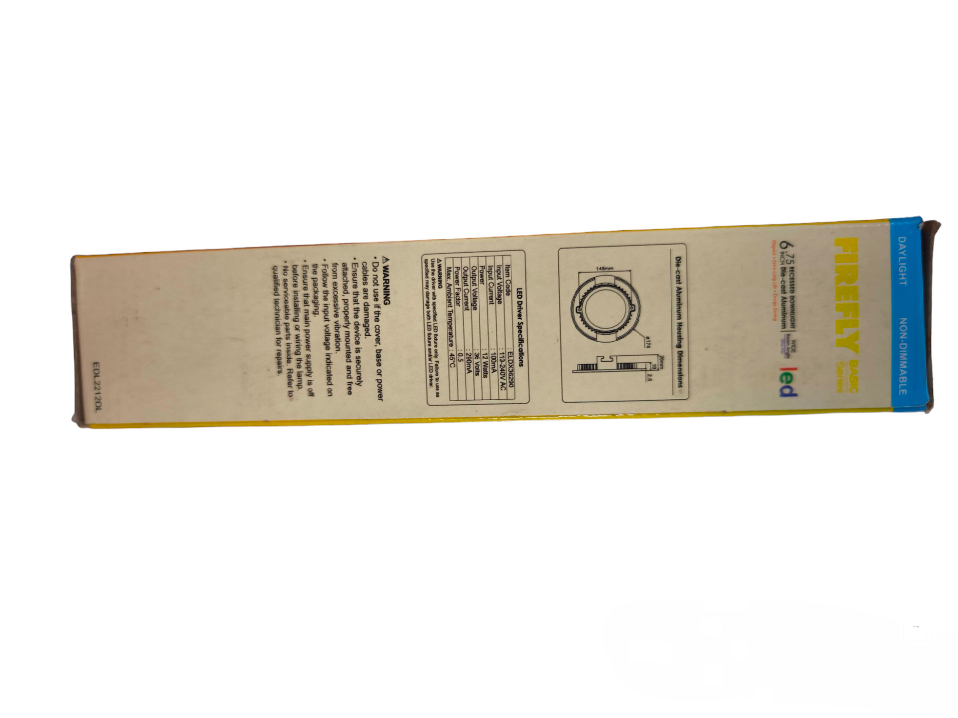 Firefly 12W LED Downlight 220V Daylight ceiling light packaging box with product specifications