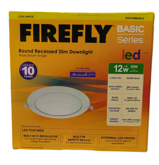 Firefly 12W LED downlight cool white 220V with wide beam angle and ultra-thin design for modern ceilings