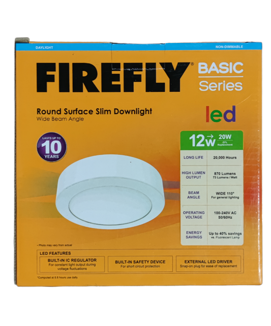 Firefly 12W LED downlight daylight in a round surface slim design with wide beam angle features