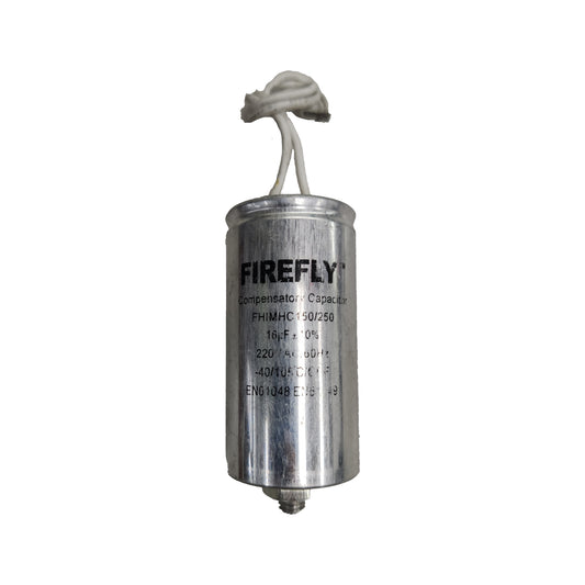 Firefly 16uf 220V AC capacitor with aluminum casing and wire leads for electrical applications