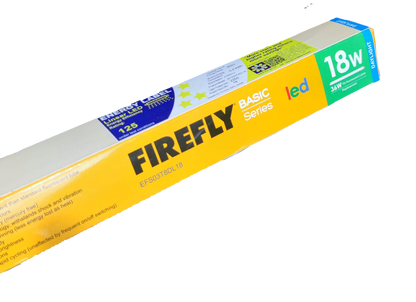 Firefly Basic Series 18W LED fluorescent lamp 220V packaging showing energy efficiency ratings