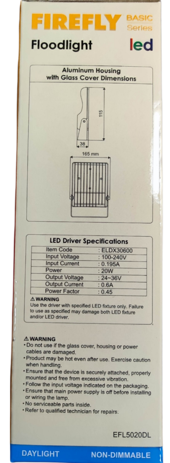 Firefly 220V LED outdoor flood light featuring durable aluminum housing and glass cover