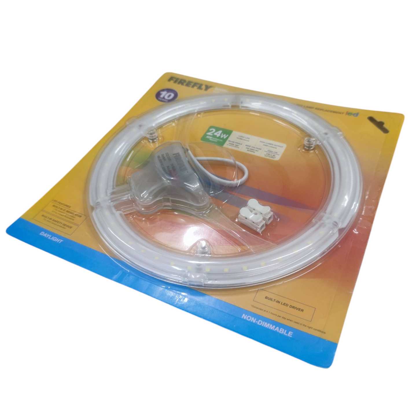 Firefly 24W LED ceiling light bulb circular design in retail packaging with mounting accessories