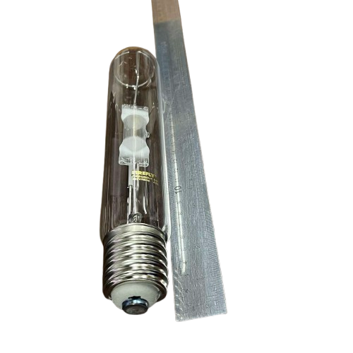 Firefly 250W Metal Halide Lamp Tubular clear HID bulb with large screw base shown next to ruler on black background