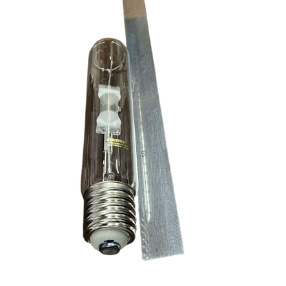 Firefly 250W Metal Halide Lamp Tubular clear HID bulb with large screw base shown next to ruler on black background