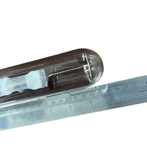 Firefly 250W Metal Halide Lamp Tubular clear tubular HID bulb with internal arc tube shown on ruler