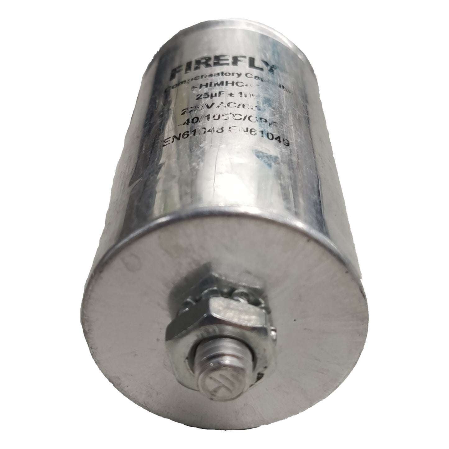 Metallic cylindrical capacitor with 'Firefly' branding on a white background