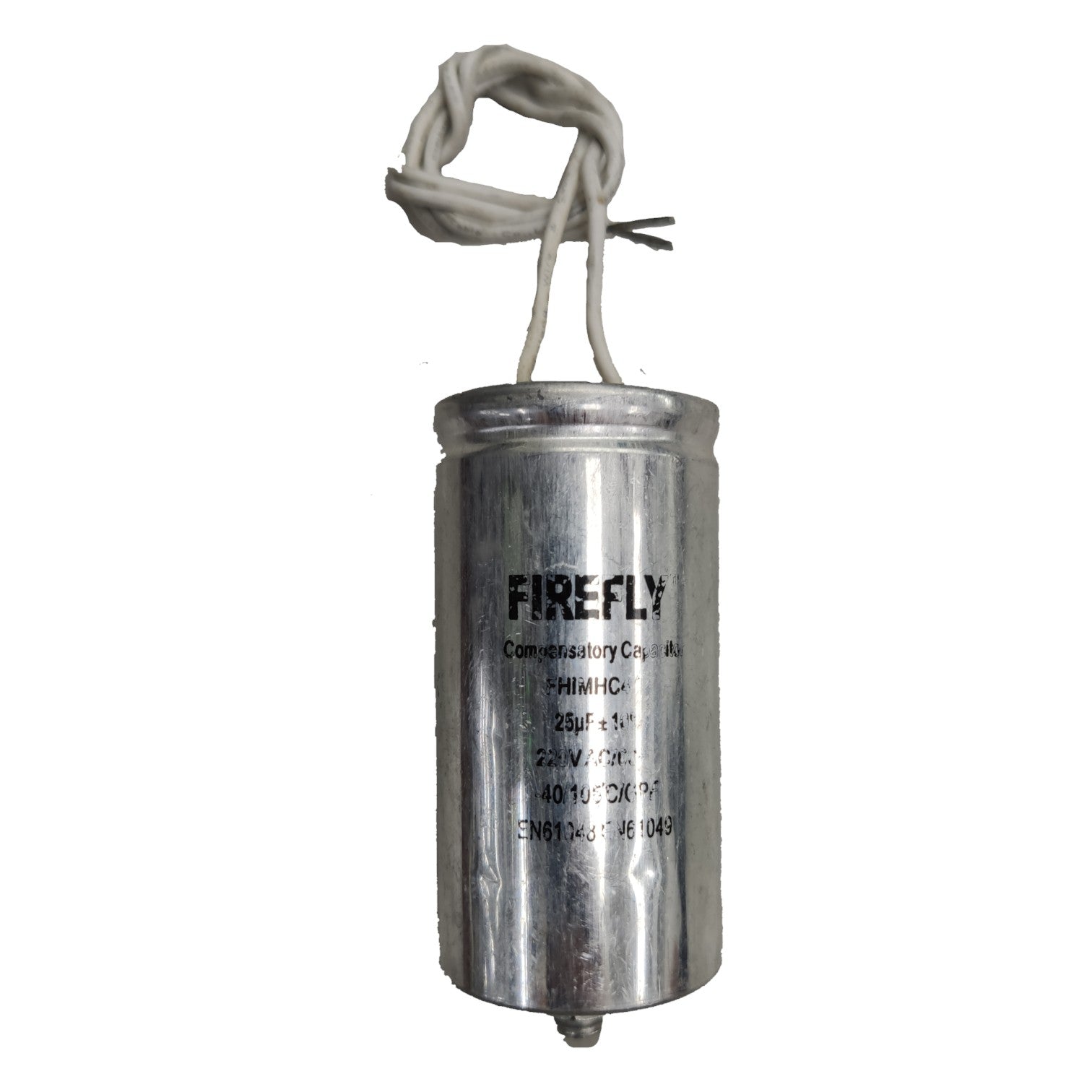 Metal capacitor with 'Firefly' branding on a white background