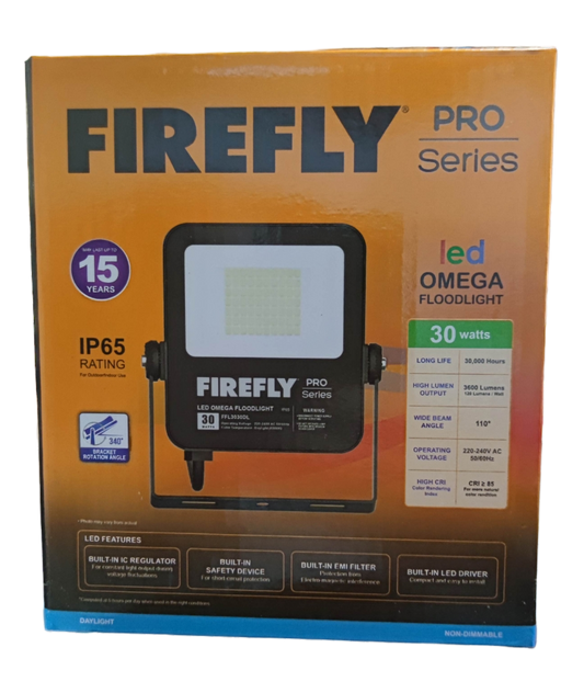 Firefly 30W LED floodlight in packaging showcasing features and specs for outdoor lighting