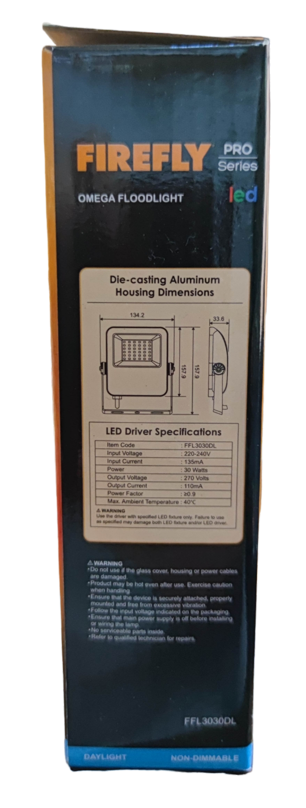 Firefly 30W LED floodlight box featuring die-casting aluminum housing specifications and dimensions
