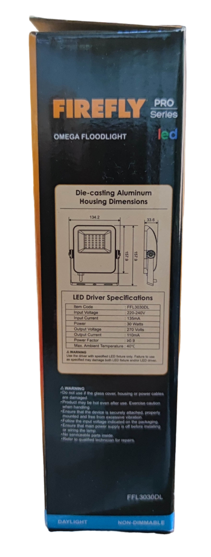 Firefly 30W LED floodlight box featuring die-casting aluminum housing specifications and dimensions
