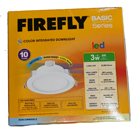 Firefly 3W LED downlight tri color packaging showcasing features and specifications.