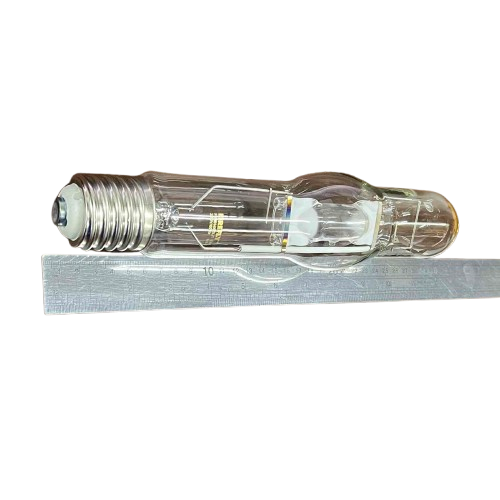 Firefly 400W Metal Halide Lamp Tubular clear HID bulb with screw base and internal arc tube beside ruler