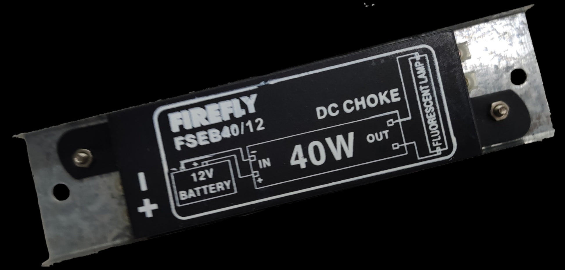 Firefly 40W fluorescent ballast 12V DC with metal mounting brackets and wiring diagram label