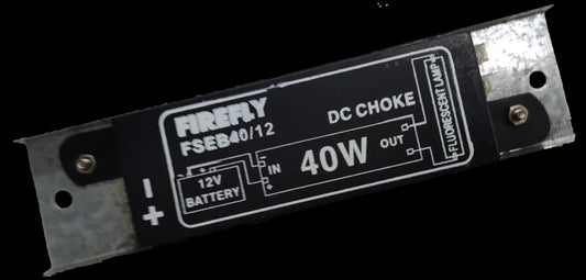 Firefly 40W fluorescent ballast 12V DC with metal mounting brackets and wiring diagram label