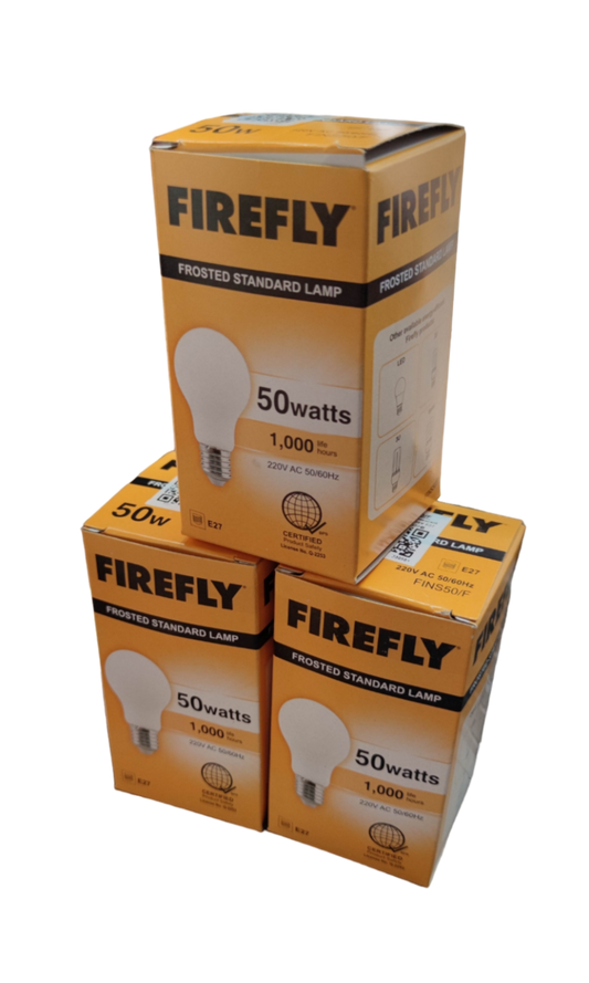Three Firefly 50W incandescent lamp E27 boxes stacked, showing frosted standard lamp design