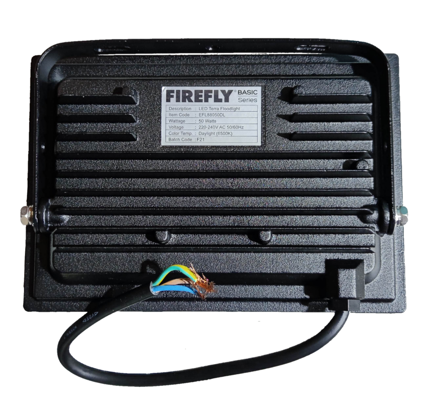 Firefly 50W LED floodlight daylight outdoor lighting with durable black casing and exposed wiring