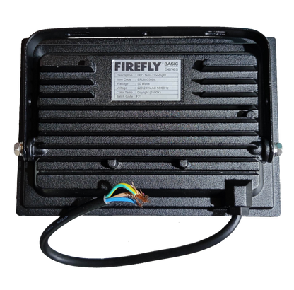 Firefly 50W LED floodlight daylight outdoor lighting with durable black casing and exposed wiring