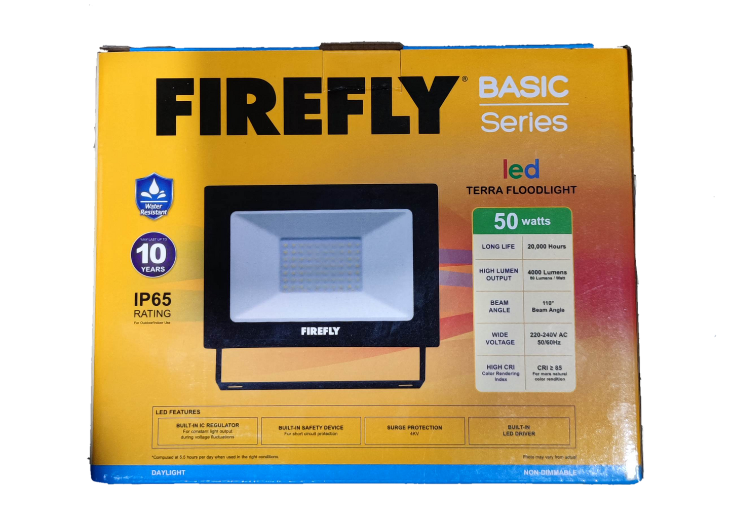 Firefly 50W LED floodlight daylight outdoor lighting with IP65 rating and 10 year warranty