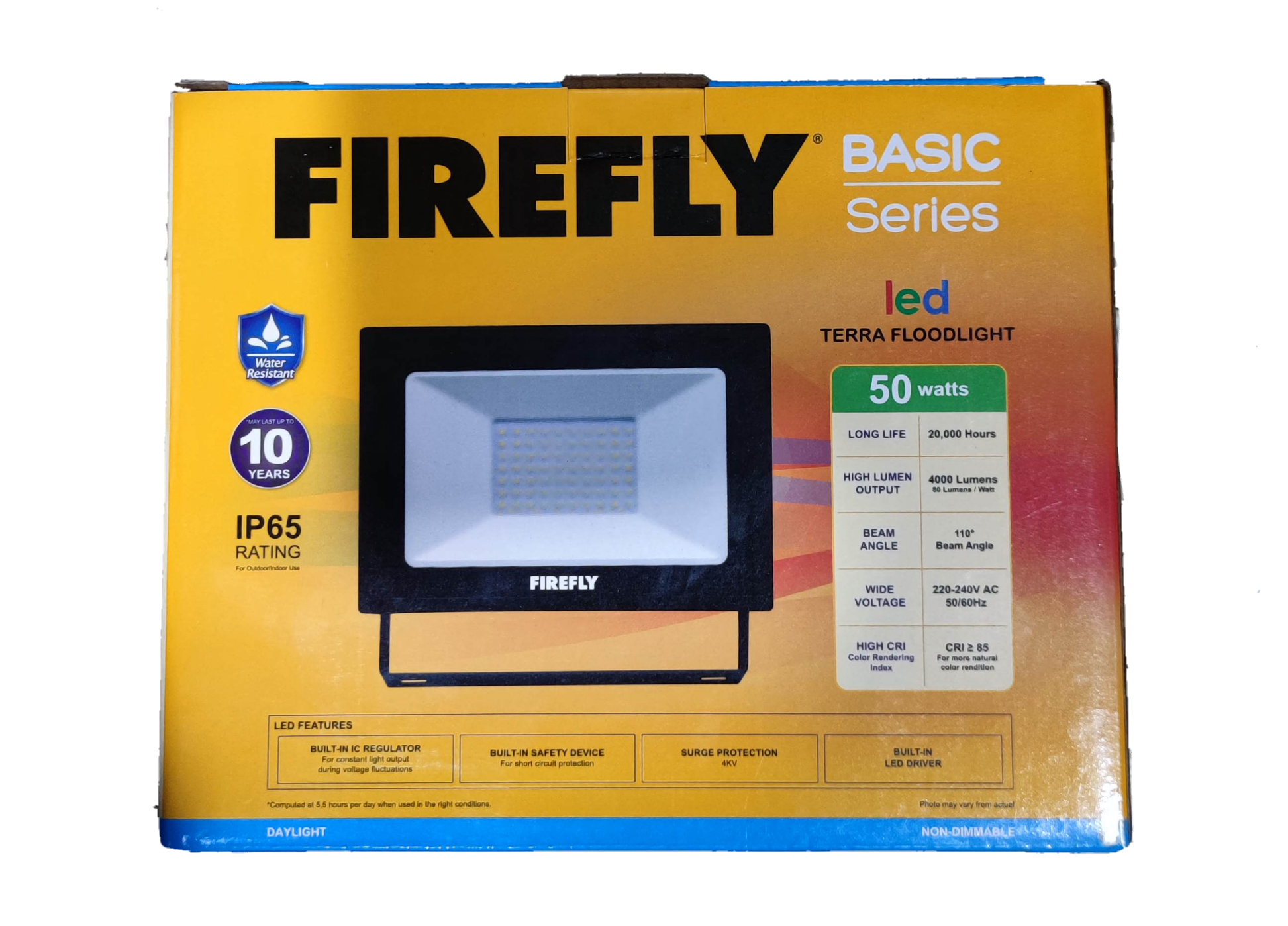 Firefly 50W LED floodlight daylight outdoor lighting with IP65 rating and 10 year warranty