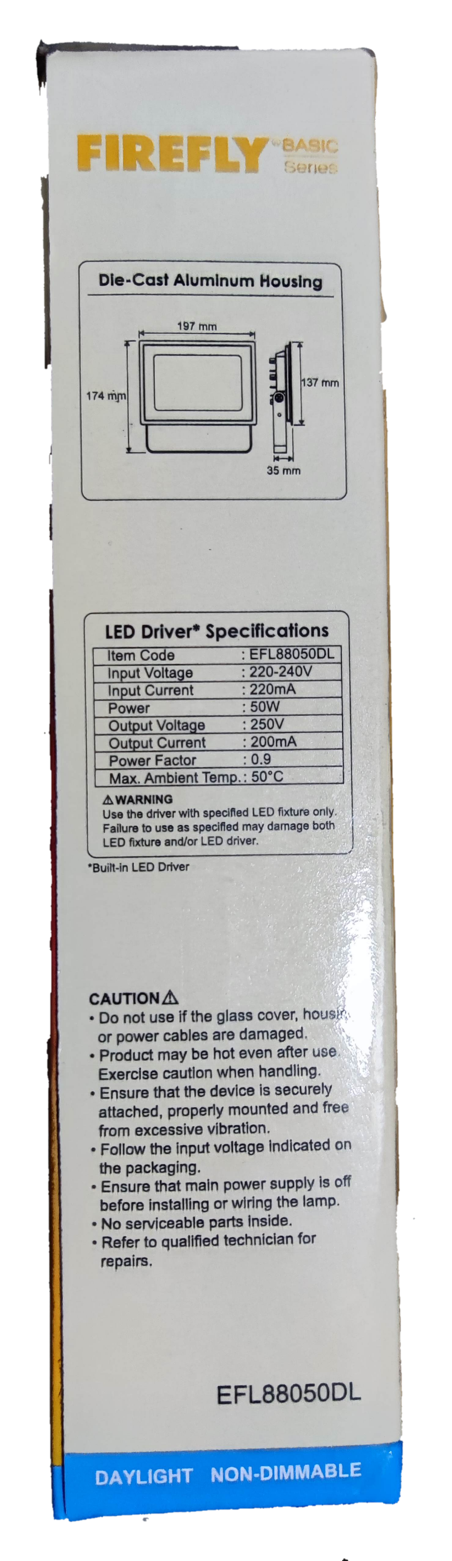Firefly 50W LED floodlight daylight with die-cast aluminum housing and detailed LED driver specifications