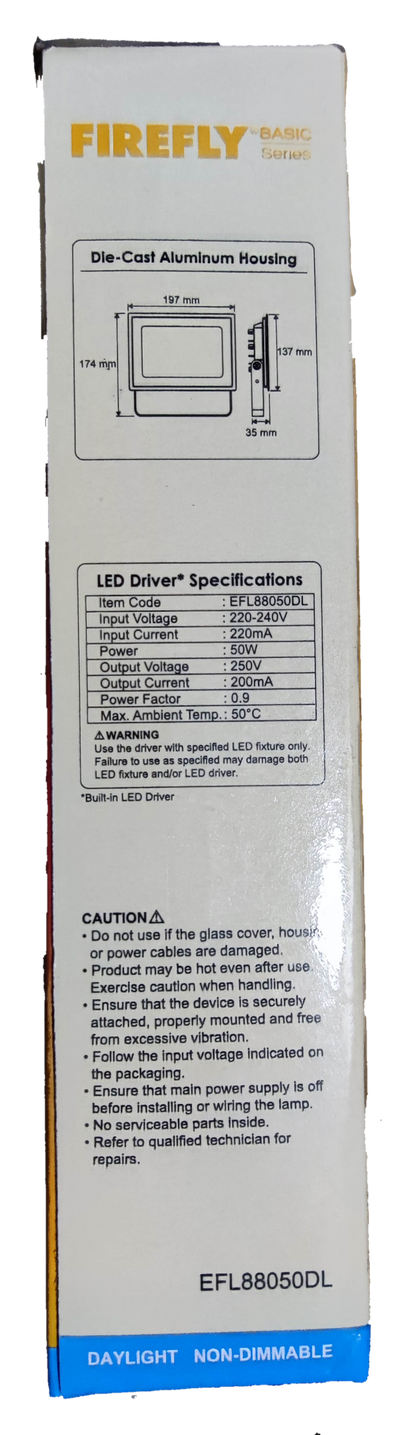 Firefly 50W LED floodlight daylight with die-cast aluminum housing and detailed LED driver specifications