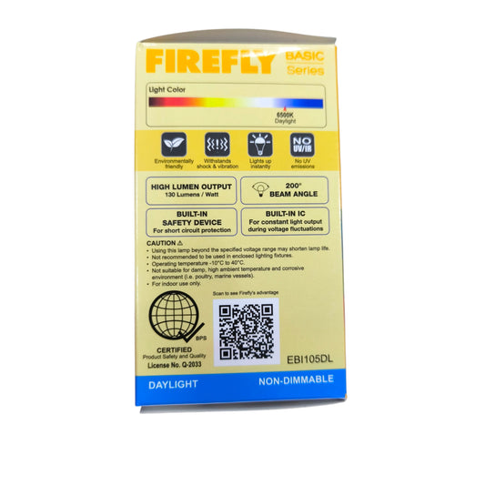 Firefly 5W LED bulb E27 daylight packaging with energy efficiency and safety information