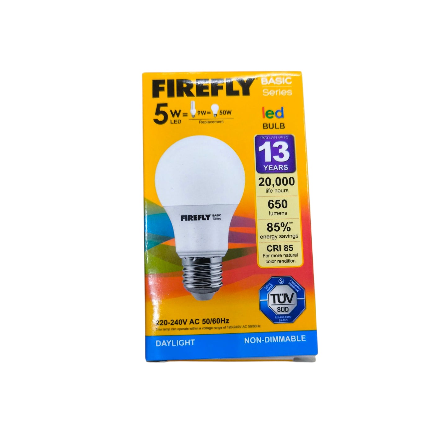 Firefly 5W LED bulb E27 daylight in packaging showing energy efficiency and long lifespan features