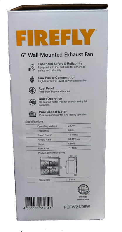 Firefly 6 inch exhaust fan 220V wall mounted with enhanced safety and low power consumption