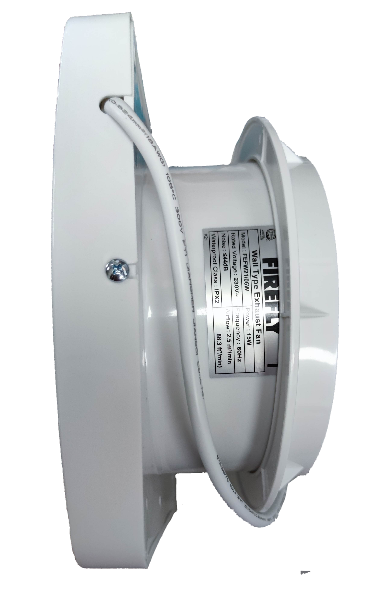 Electx Electrical Supply 6 inch exhaust fan 220V white side view with label and wiring