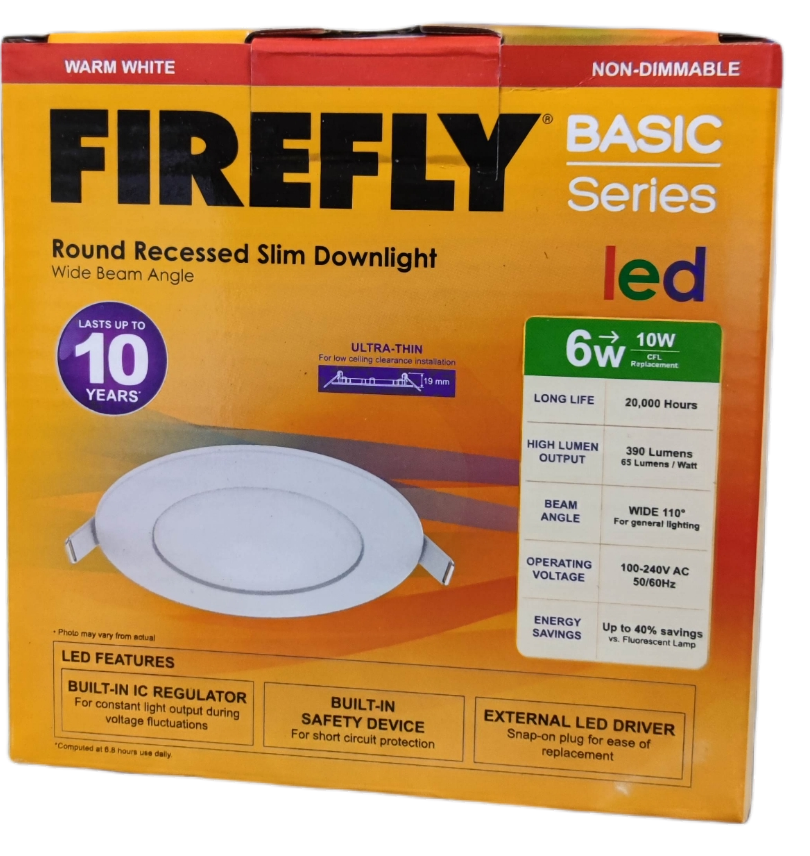Firefly 6W LED Round Recessed Slim Downlight packaging showcasing energy-saving features and design