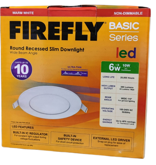 Firefly 6W LED Round Recessed Slim Downlight packaging showcasing energy-saving features and design