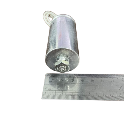 Firefly 70W metal halide capacitor 12uf with aluminum casing and measurement ruler for sizing reference