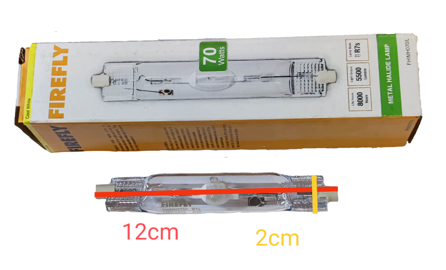 Firefly 70W metal halide lamp linear with a box displaying specifications and measurements