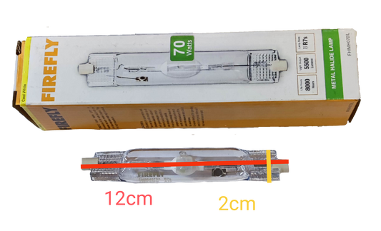 Firefly 70W metal halide lamp linear with a box displaying specifications and measurements