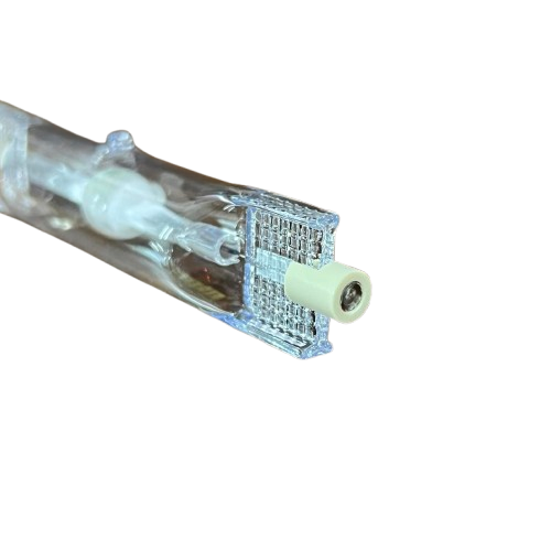 Close-up of Firefly 70W metal halide lamp linear showcasing its clear design and connection end