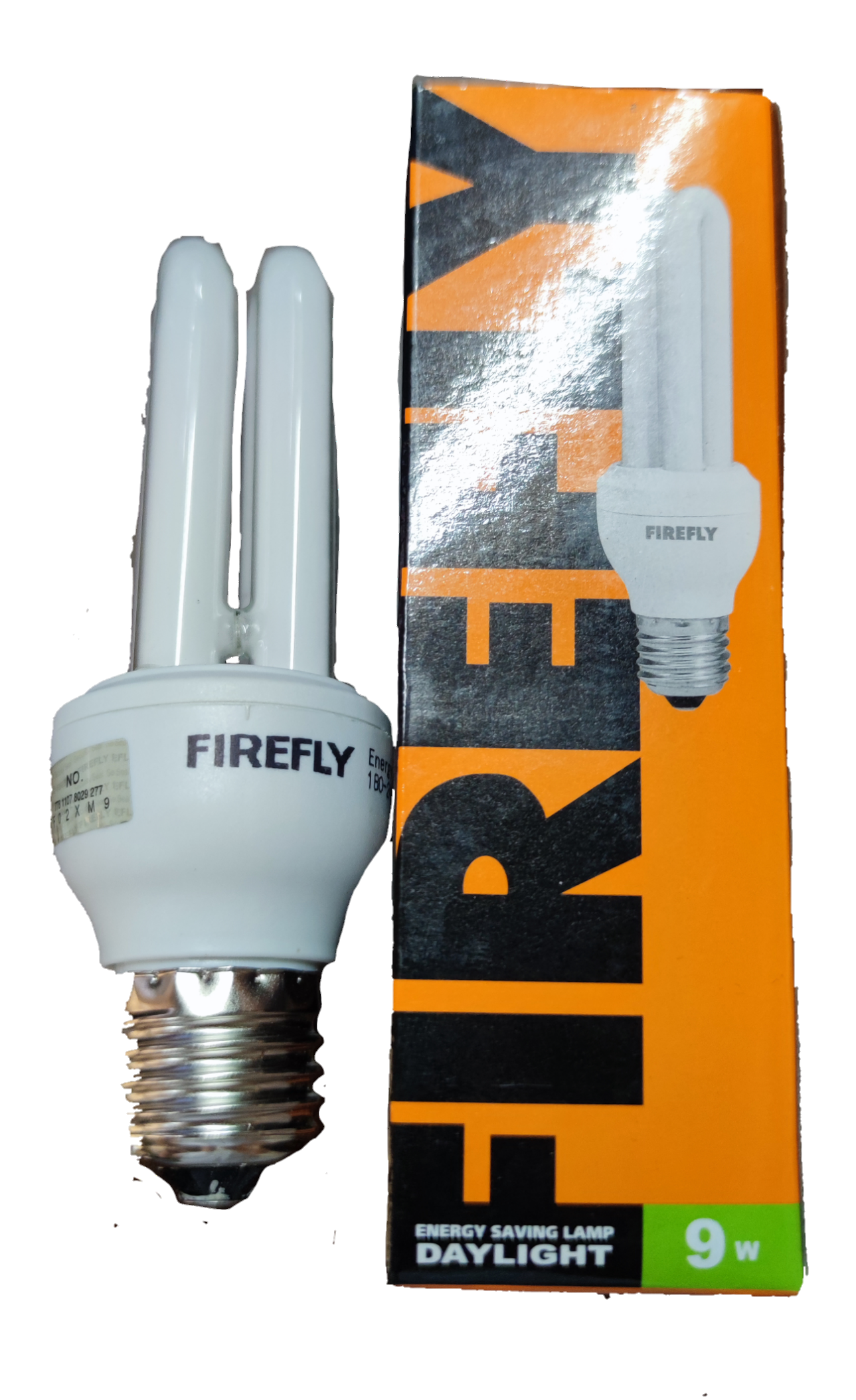 Firefly 9W Daylight CFL E27 220V 2U compact fluorescent bulb next to orange and black packaging