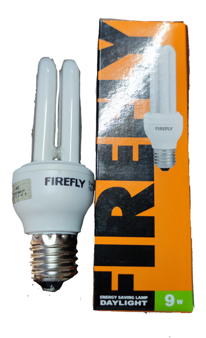 Firefly 9W Daylight CFL E27 220V 2U compact fluorescent bulb next to orange and black packaging