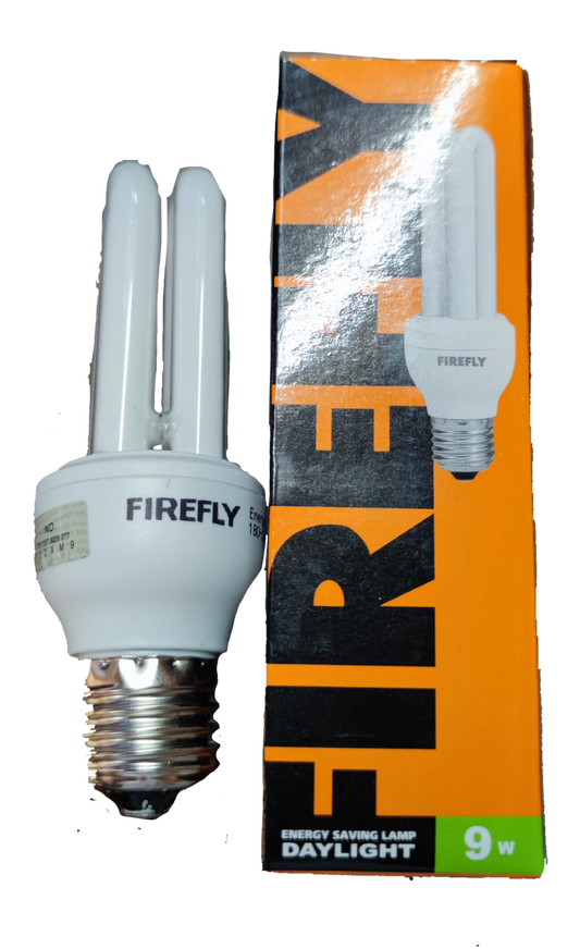 Firefly 9W Daylight CFL E27 220V 2U compact fluorescent bulb next to orange and black packaging