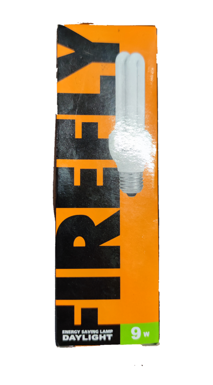 Firefly 9W Daylight CFL E27 220V 2U compact fluorescent bulb in orange packaging