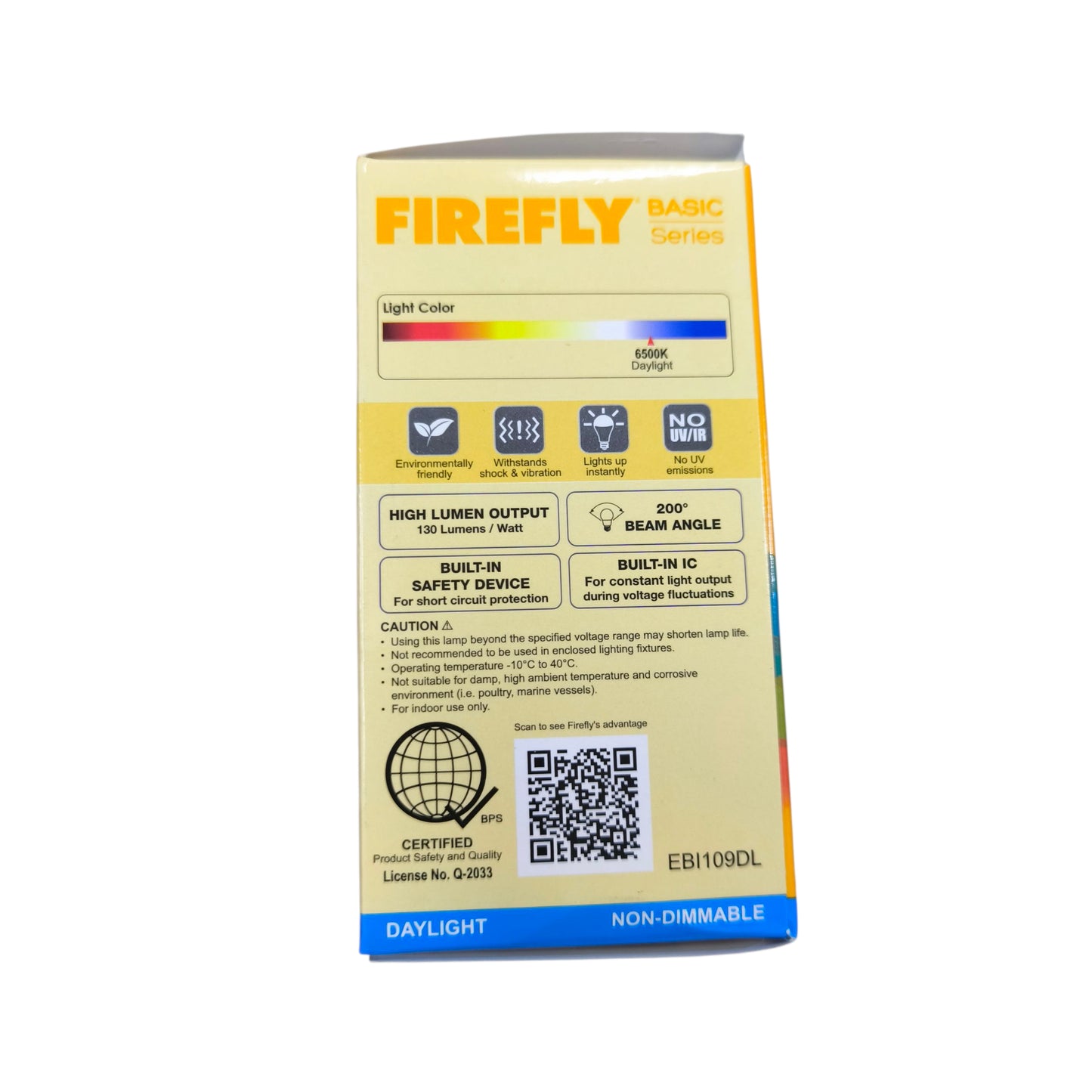 Firefly 9W LED Bulb E27 220V packaging featuring daylight color and high lumen output information