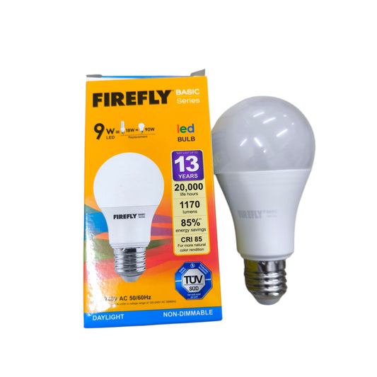 Firefly 9W LED Bulb E27 220V in daylight color with 20,000 hour lifespan and 85% energy savings