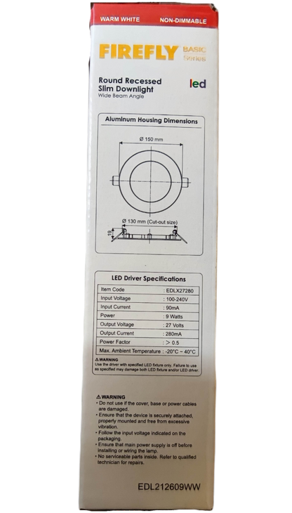 Firefly 9W LED round recessed downlight package with specifications and dimensions for ceiling installation