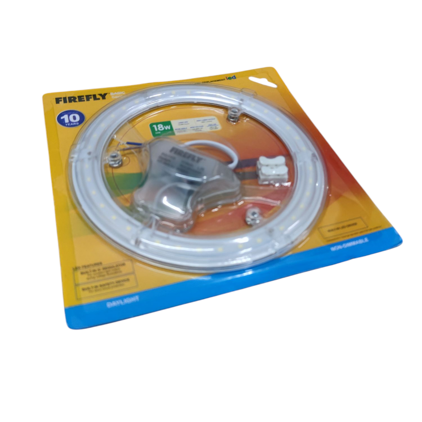 Firefly daylight circular LED replacement bulb with 18W power in clear packaging