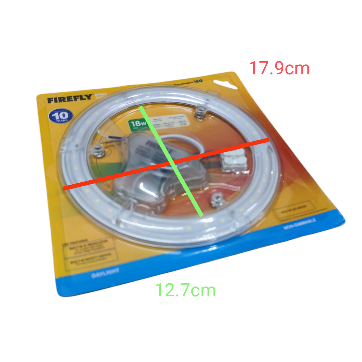 Firefly daylight circular LED replacement bulb in sealed yellow and blue packaging with measurements