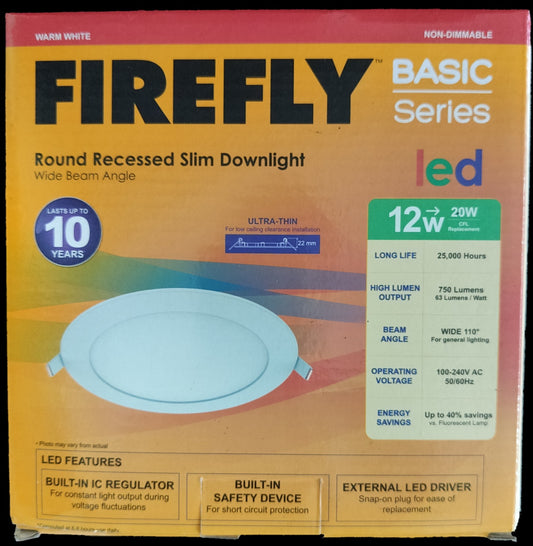 Firefly 12W LED recessed downlight. Firefly round recessed slim downlight box showing product specs