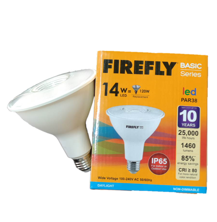 Firefly 14W LED PAR 38 E27 white PAR38 reflector bulb with box showing 1460 lumens IP65